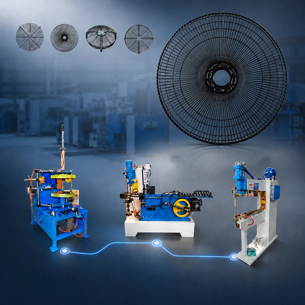Jinchun machines for fan guard ring forming, welding and related production processes