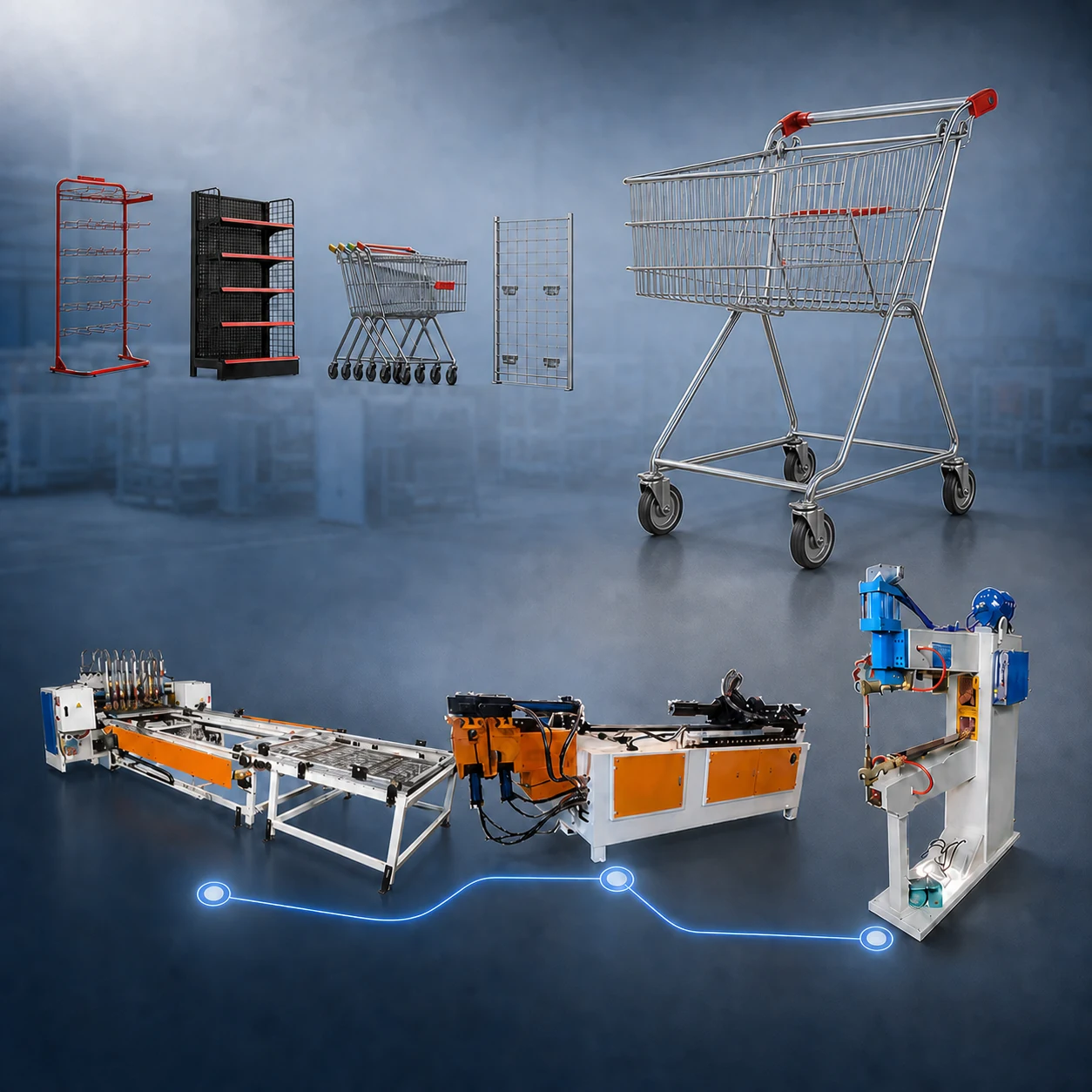 Retail racks, shopping carts and Jinchun forming and welding equipment
