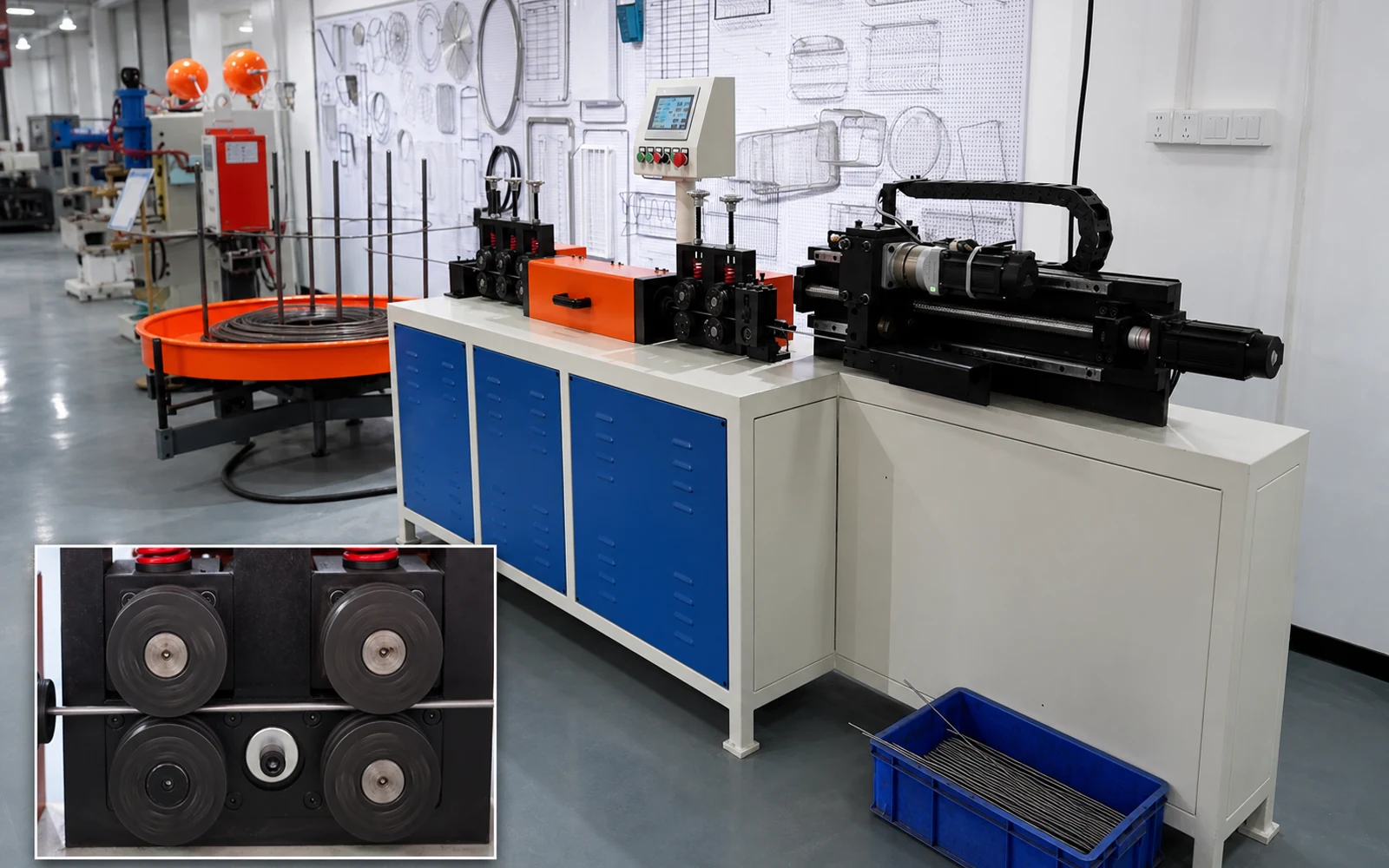 Jinchun tracking-shear wire straightening and cutting machine with payoff rack and operating roller detail