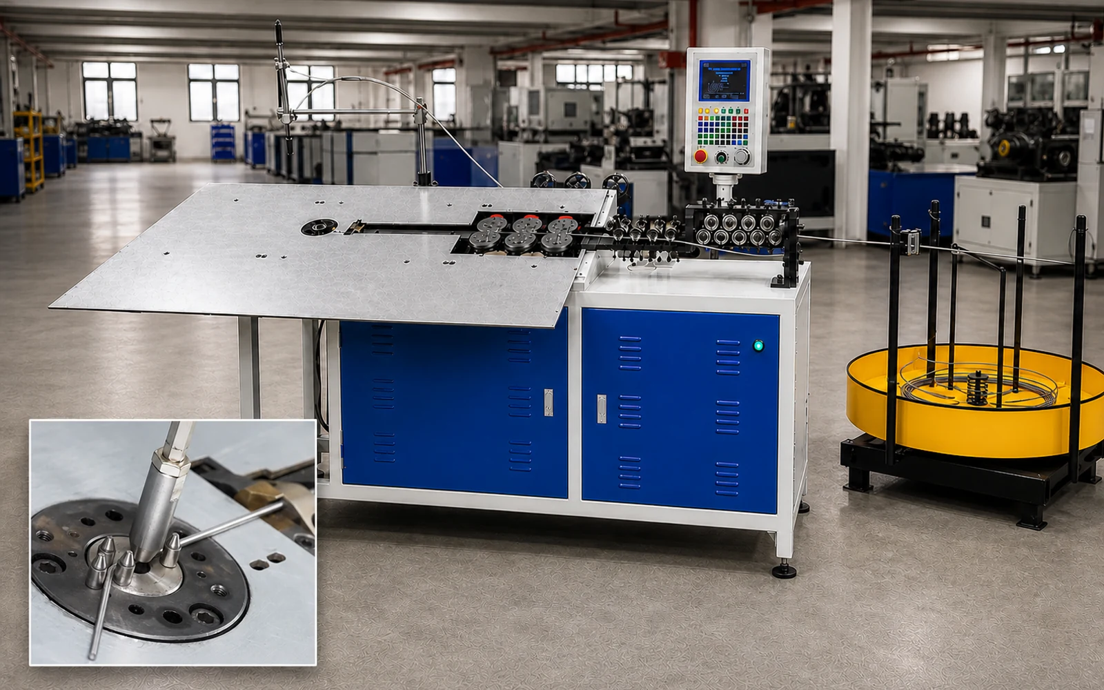 Jinchun CNC wire bending machine with payoff rack and close-up of wire forming around the bending pins