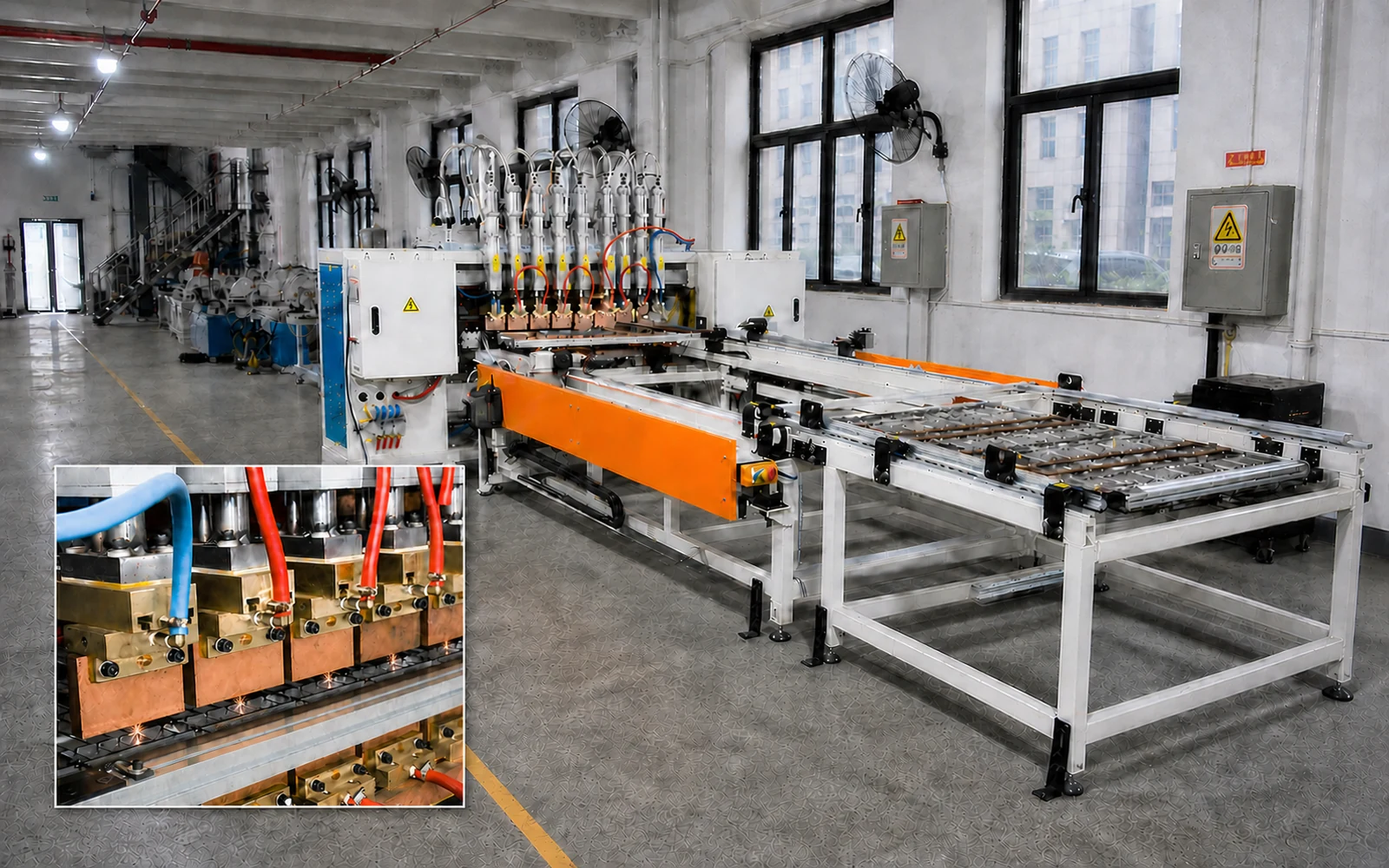 Jinchun multi-head resistance welding system with close-up of active welding electrodes