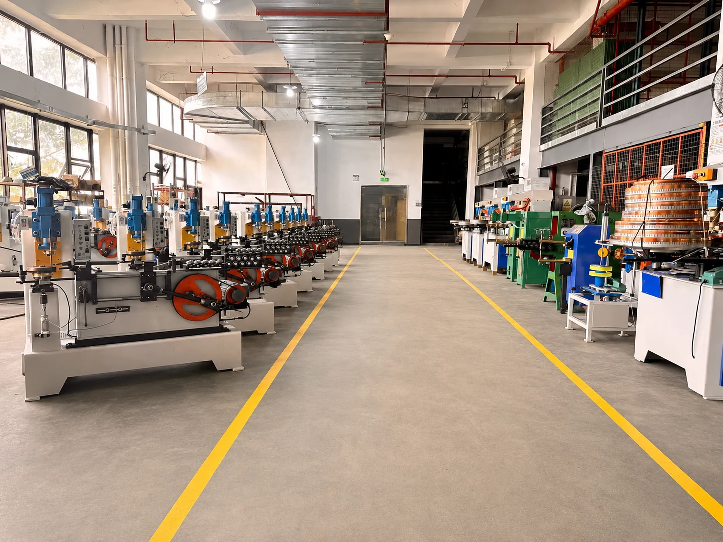 Jinchun factory workshop with rows of wire-forming and welding equipment