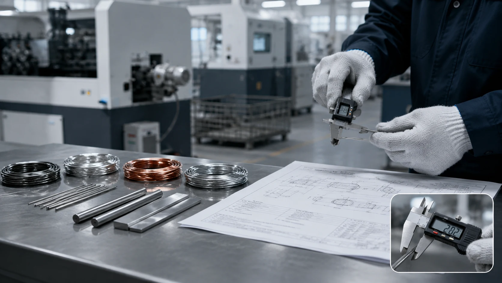Engineer measuring a wire sample beside material options and a production drawing