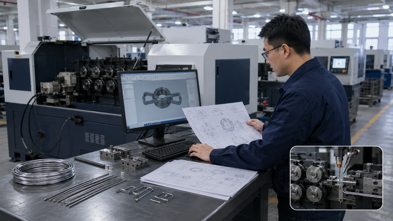 Engineer reviewing a wire component design, drawings and forming tooling