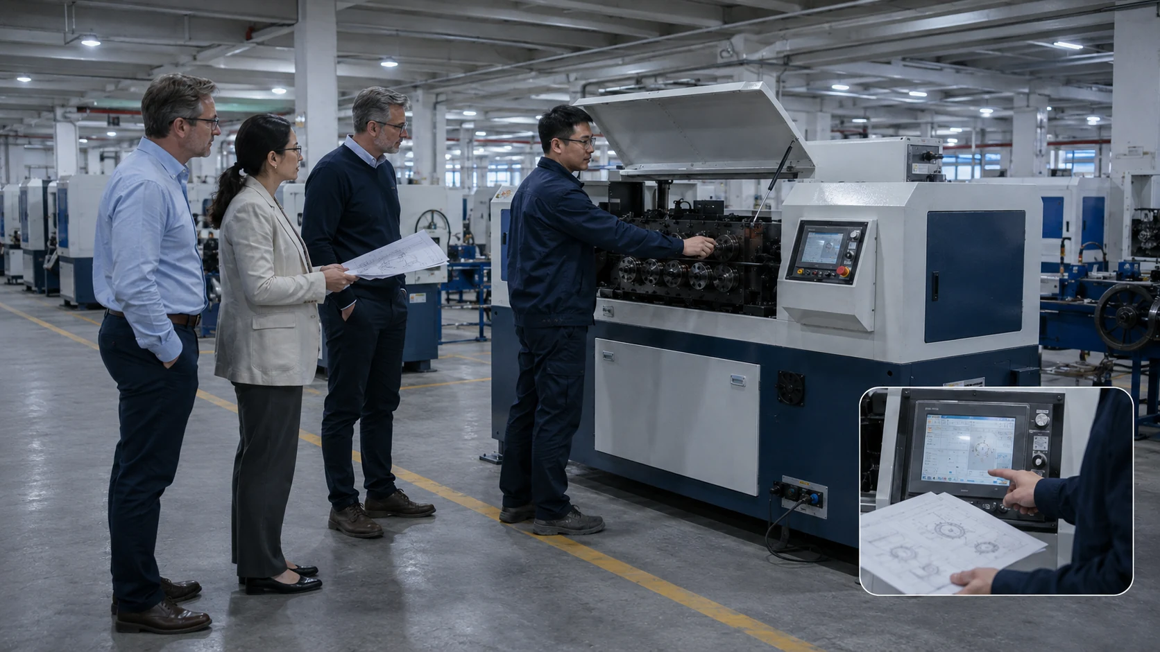 Customer team reviewing machine operation during factory acceptance