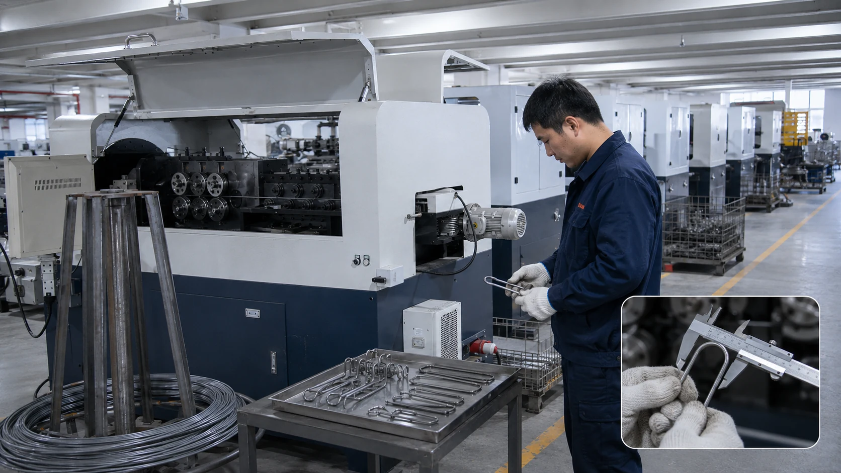 Engineer checking finished wire samples beside a trial production machine